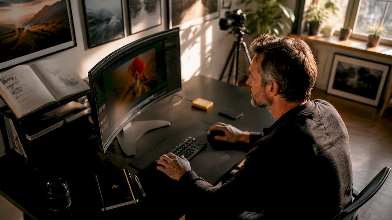 Photographer editing images with AI software