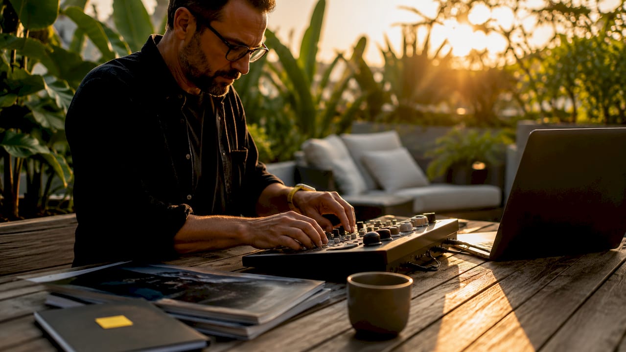 Hands adjusting controls on photo editing console in studio