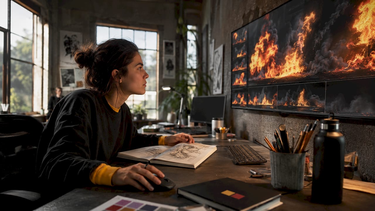 Female VFX artist working on fire simulation