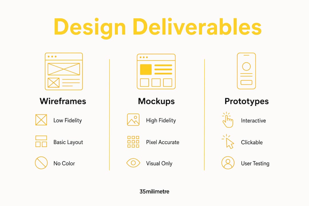 Infographic comparing wireframes, mockups, and prototypes