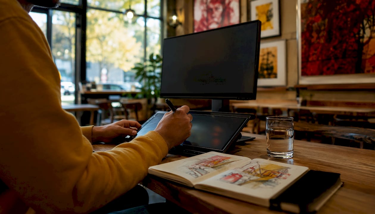 Close-up of hands working with graphics tablet