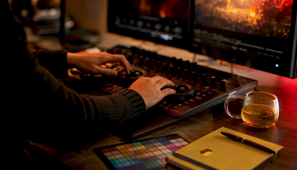 Hands adjusting color grading controls