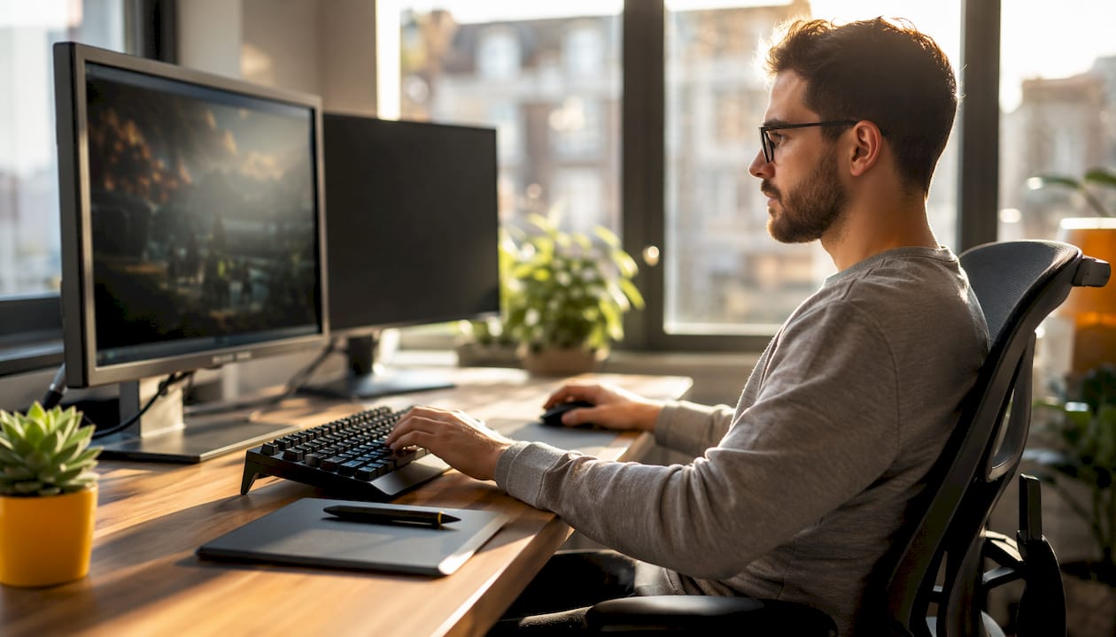 3D artist working at dual monitor desk