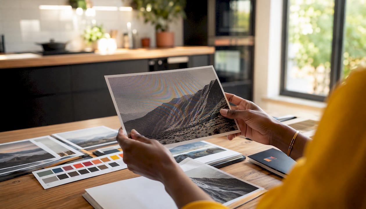 Close-up of hands reviewing aliasing on print
