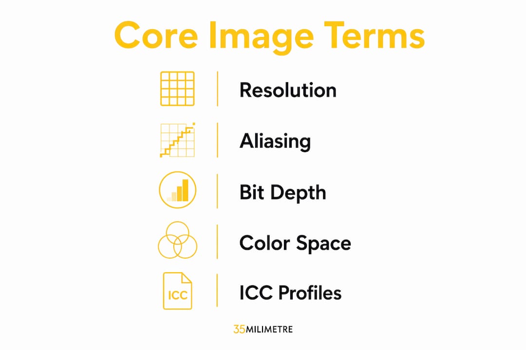 Infographic illustrating core image editing terms in vertical flow