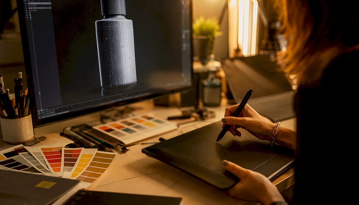 Close-up of 3D model and artist hands