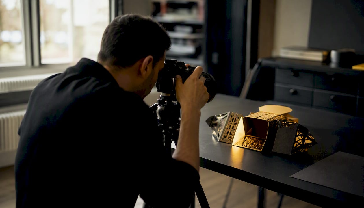 Photographing complex packaging sample in studio