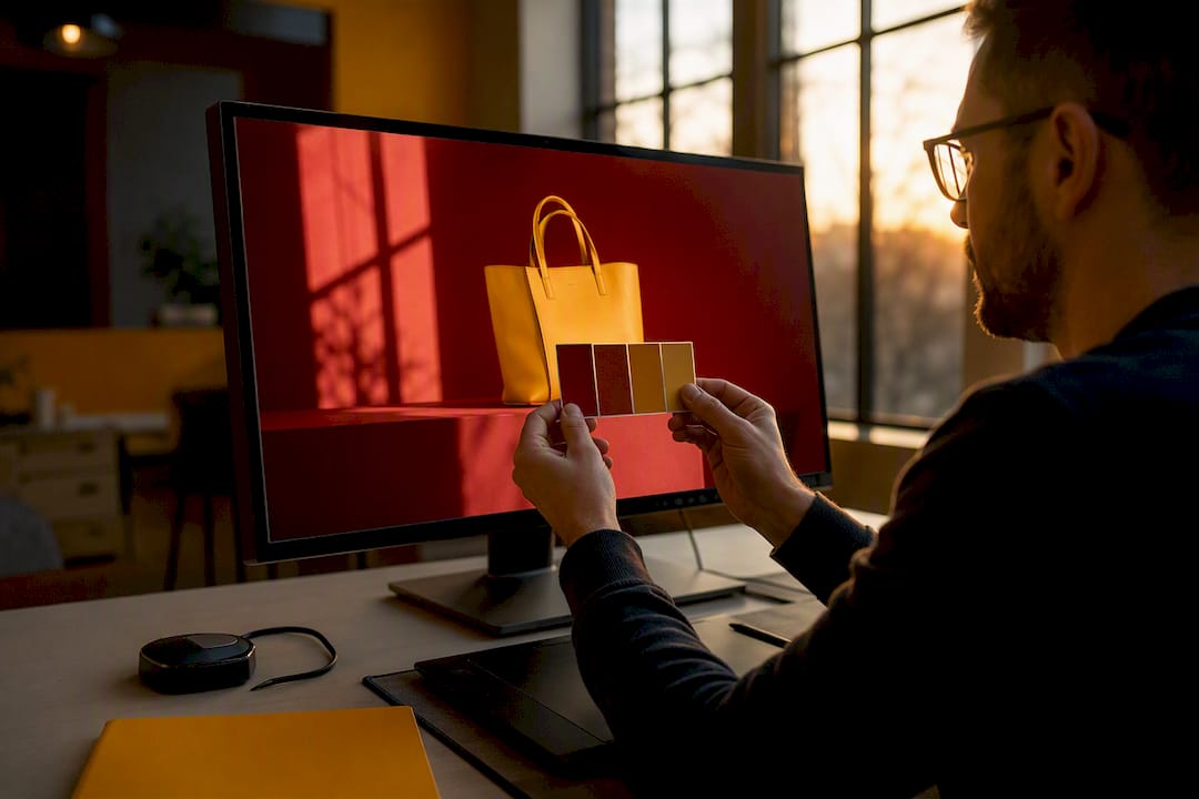 Hands matching color swatch to product photo on screen