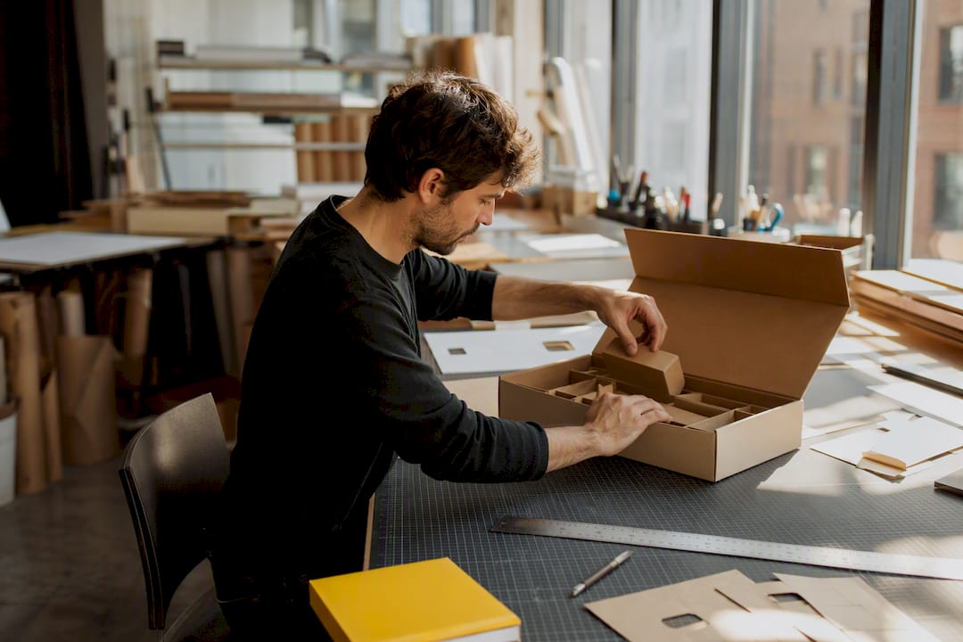 Hands assembling packaging prototype model