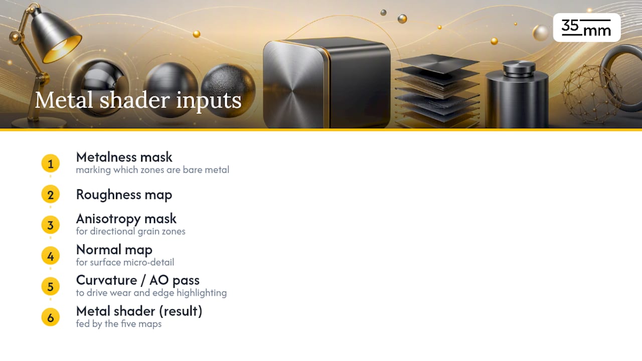 Five texture maps feeding a metal shader