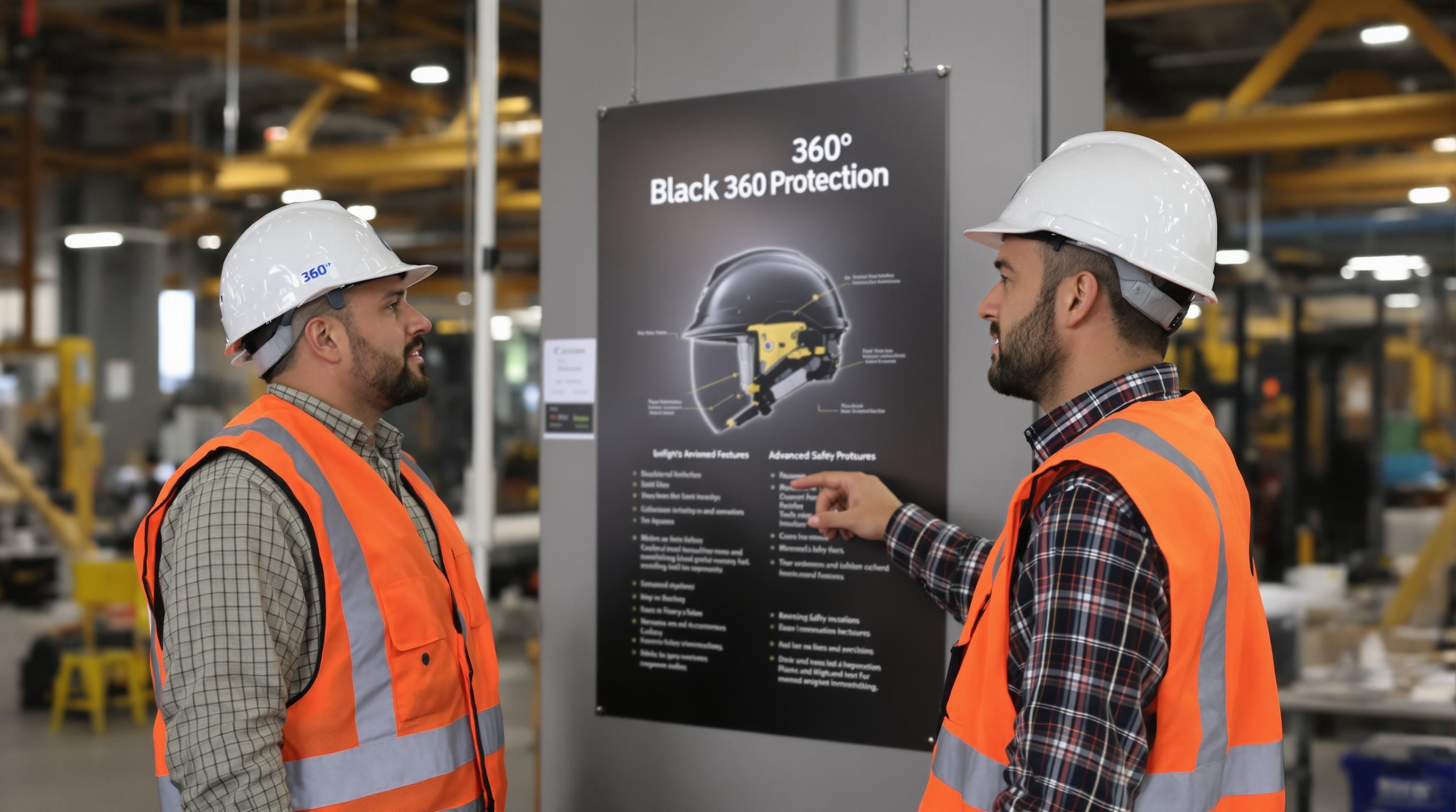 Workers compare traditional hard hat to modern safety helmet in factory