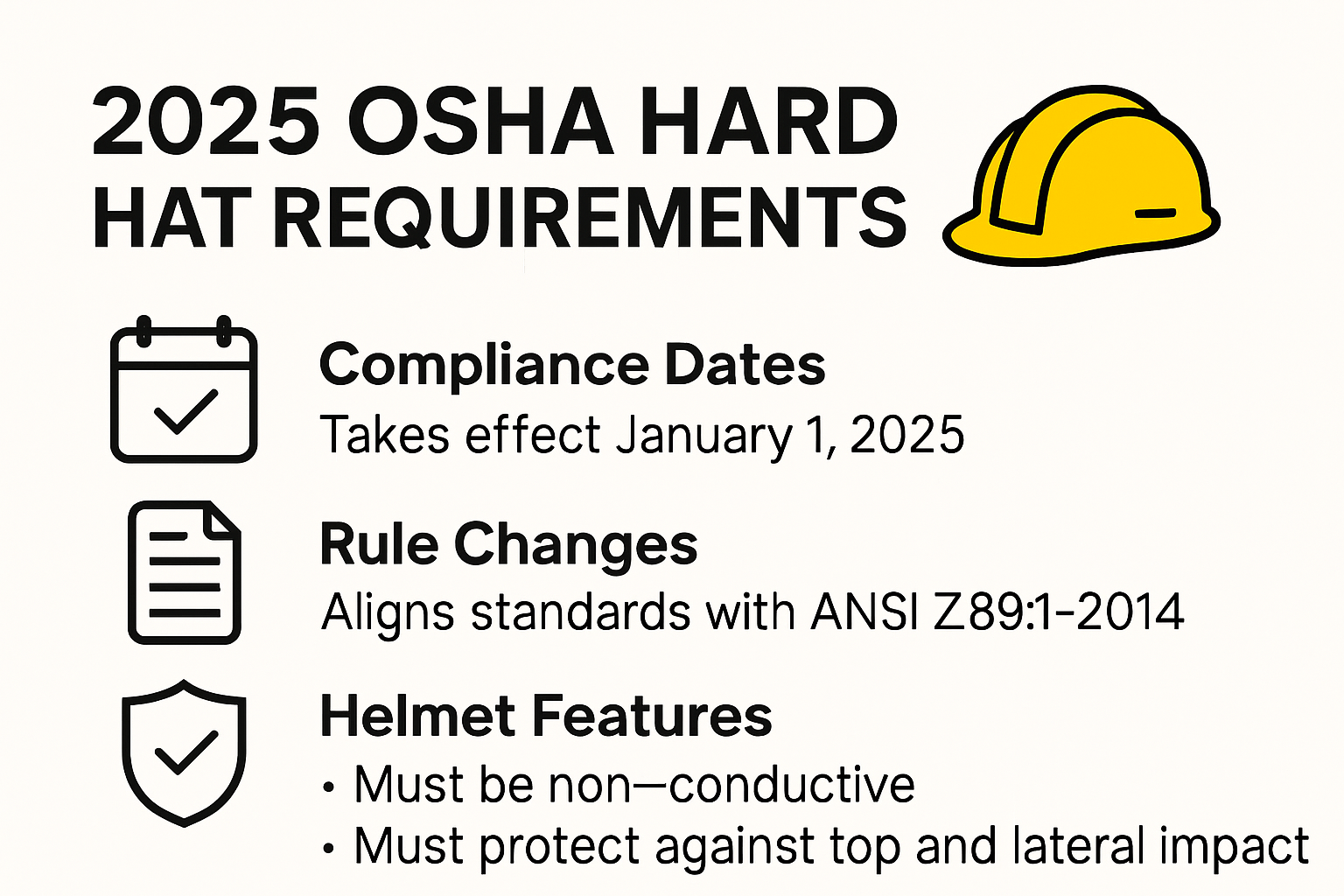 Infographic summarizing 2025 OSHA hard hat requirements