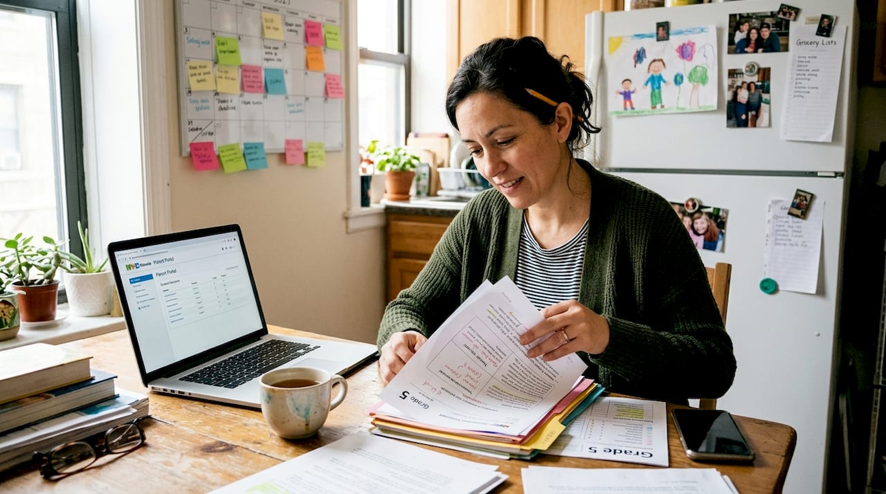 Parent reviewing student assessment reports at kitchen table