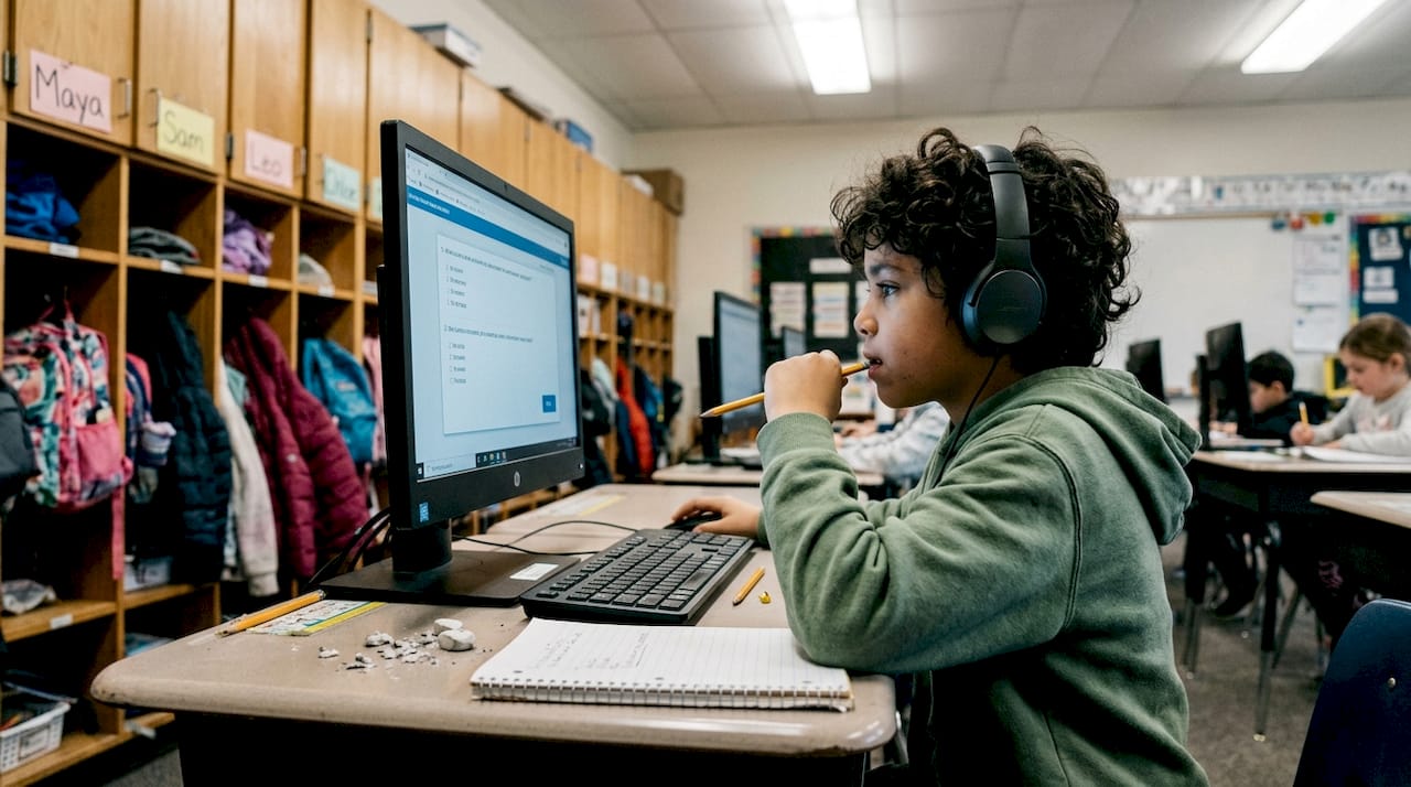 Student completing computer-based state assessment