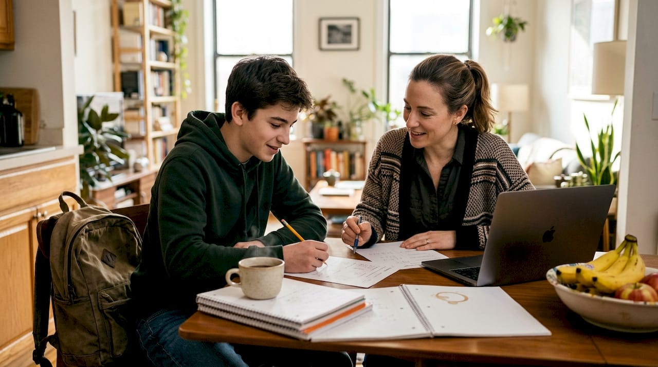 NYC student and tutor working at kitchen table