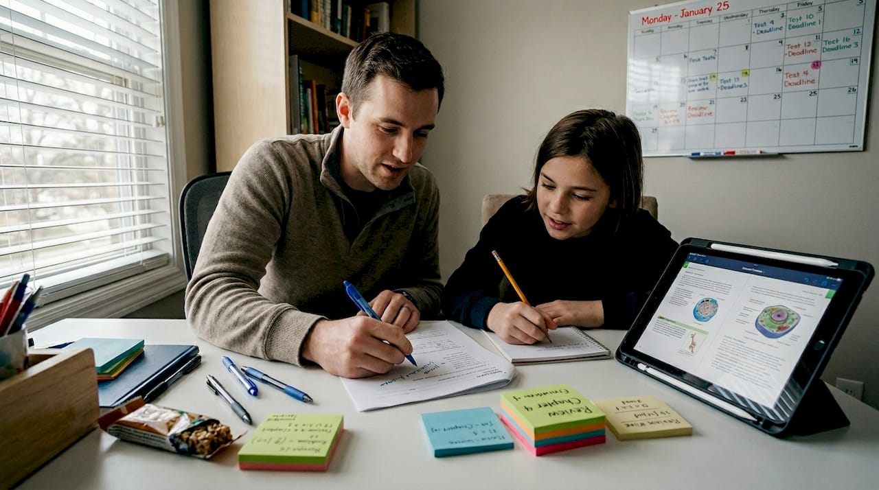 Science tutor and student in casual workspace