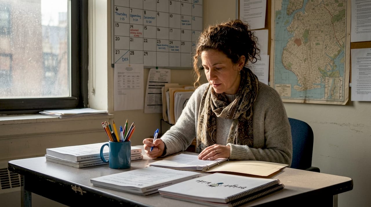 School psychologist reviewing admissions assessments in office