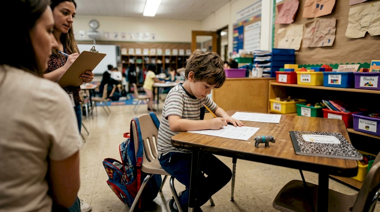 Teacher observing student assessment in classroom