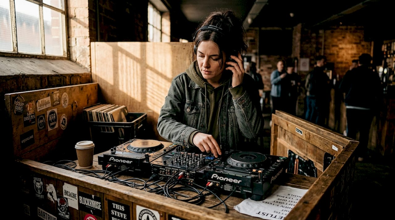 DJ selecting track at cluttered bass booth