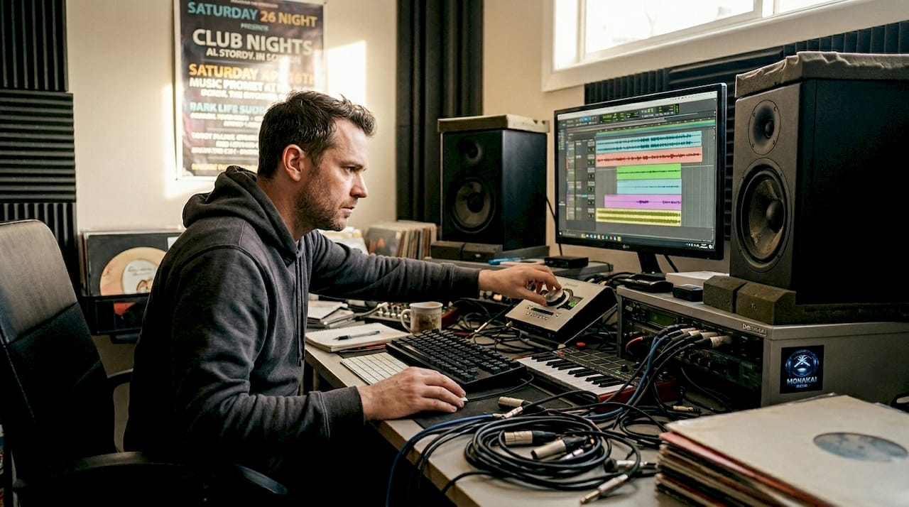 Music producer working in cluttered home studio