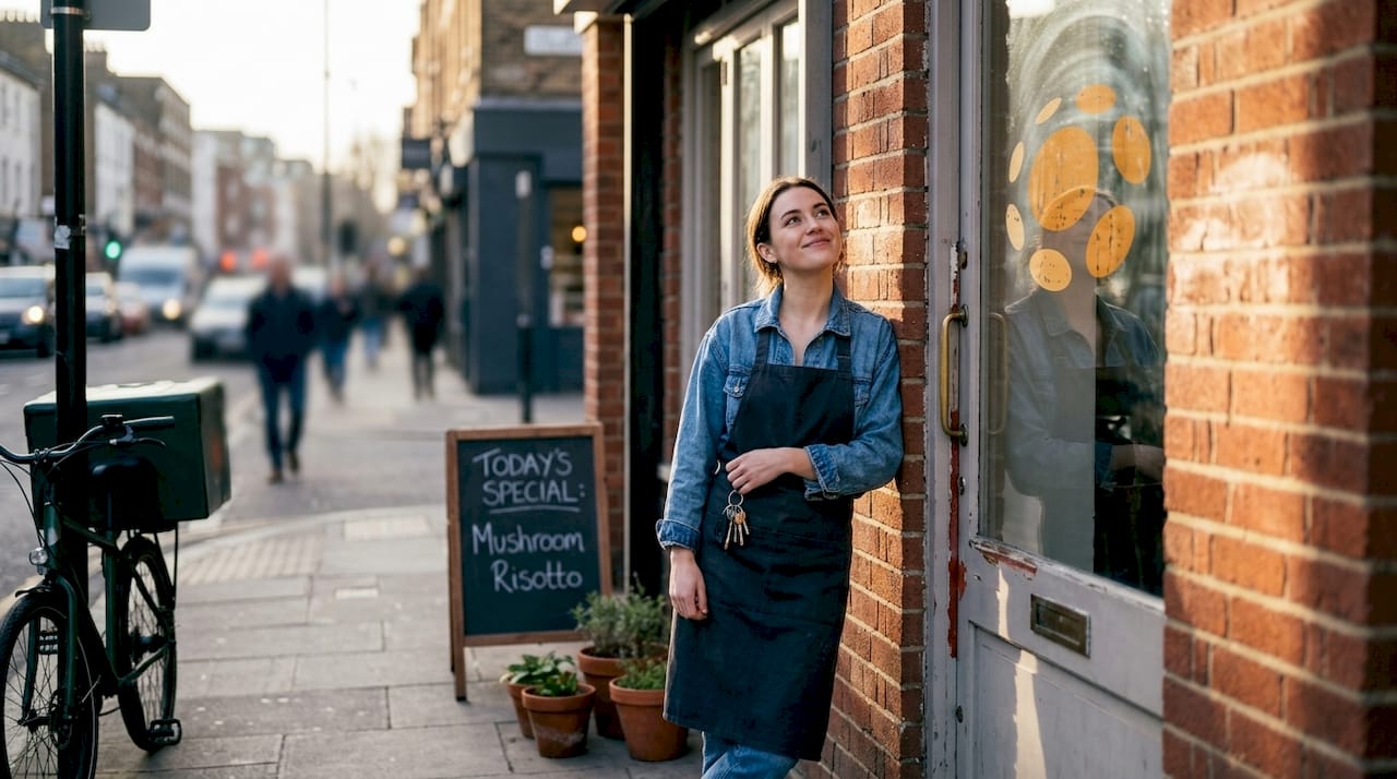 Restaurant owner outside her brick storefront