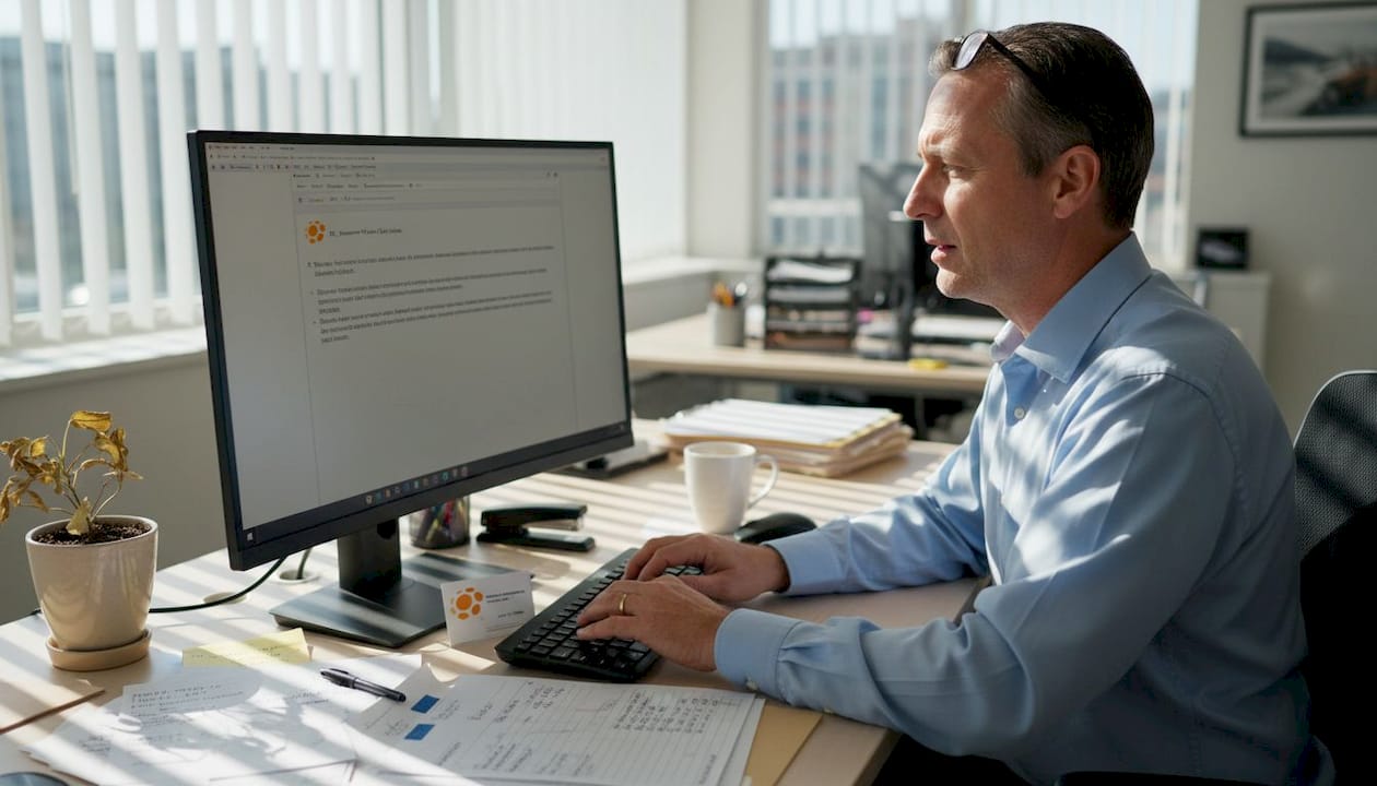 Landlord reviews tenant profiles at desk
