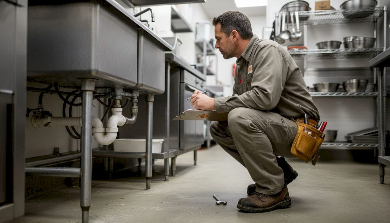 Contractor inspecting old kitchen plumbing