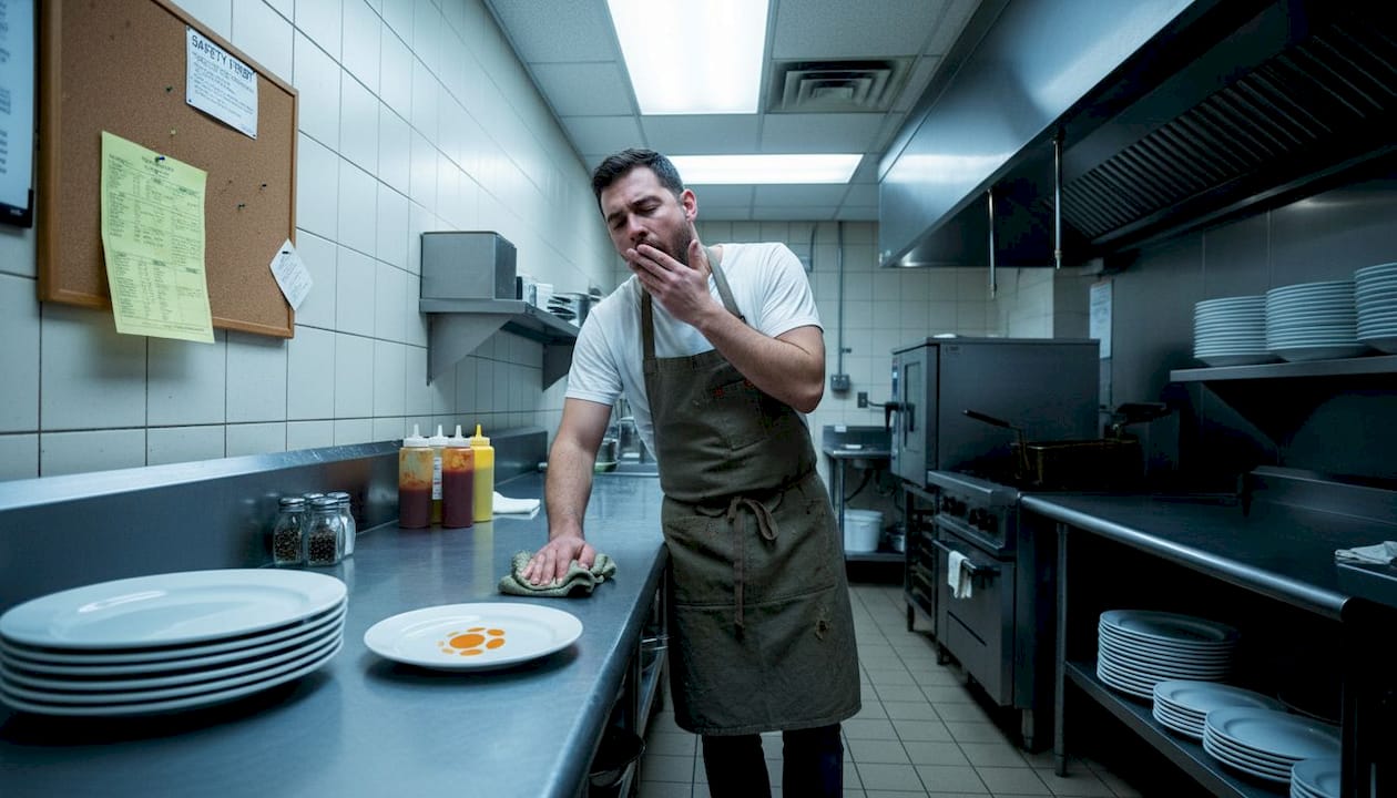 Line cook working alone in empty morning kitchen