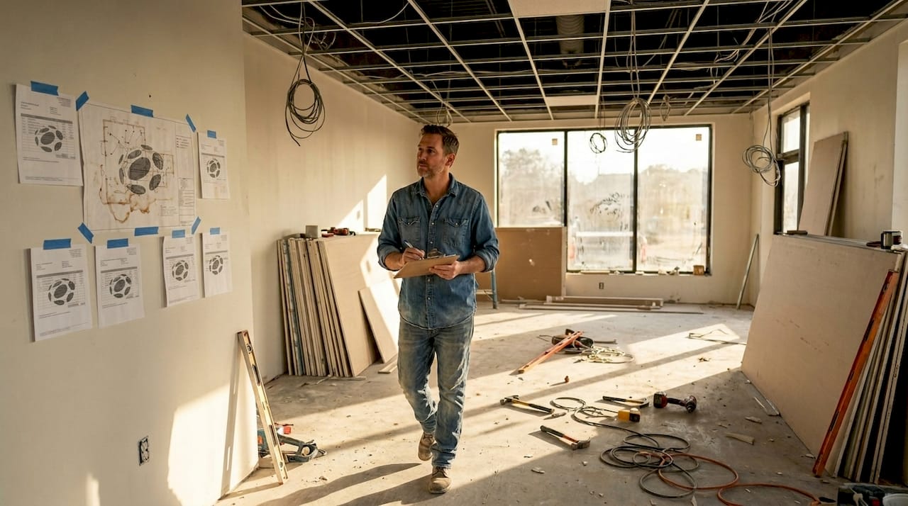 Contractor evaluating unfinished restaurant space