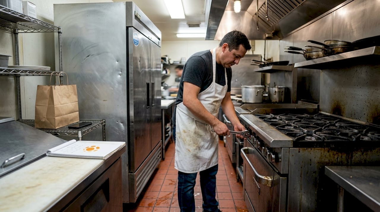 Chef checks equipment in older restaurant kitchen