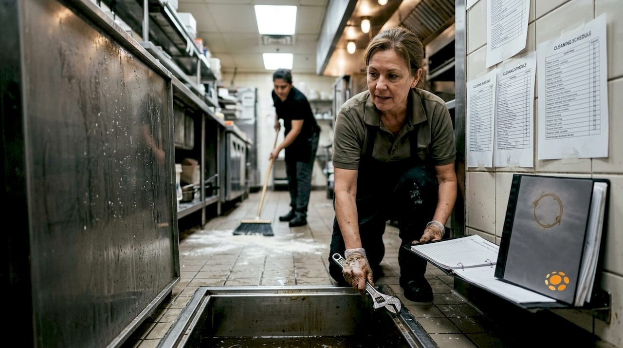 Kitchen manager performs grease trap maintenance
