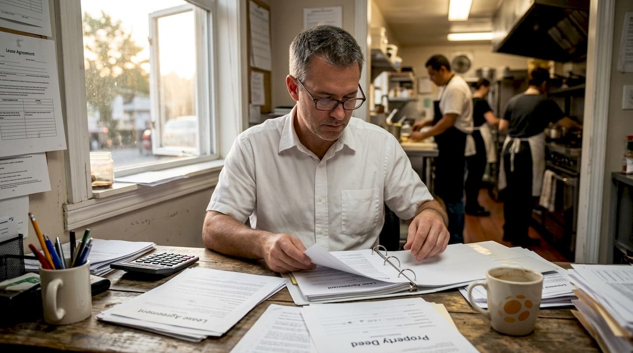 Restaurant owner sorting real estate documents