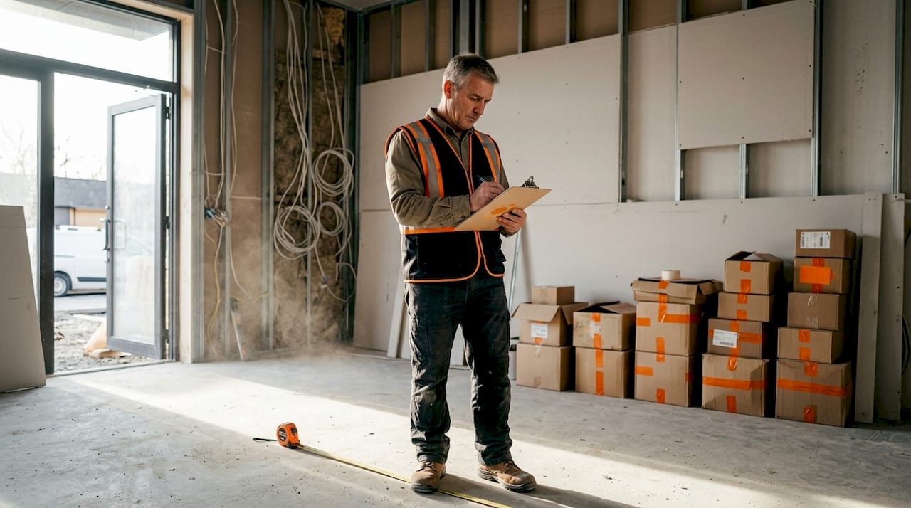 Contractor reviewing unfinished restaurant space