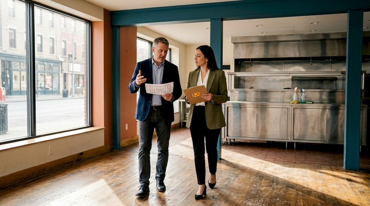 Restaurant manager and agent inspecting empty restaurant