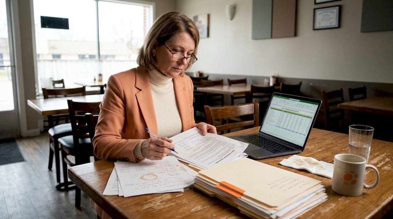 Restaurant owner reviews sale paperwork at table