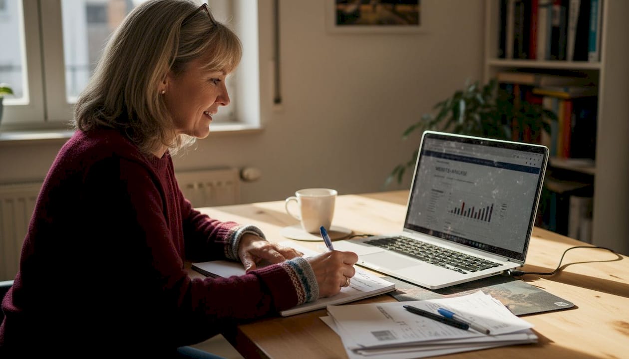 Eine selbstständige Unternehmerin behält ihre Website vom heimischen Schreibtisch aus im Blick.