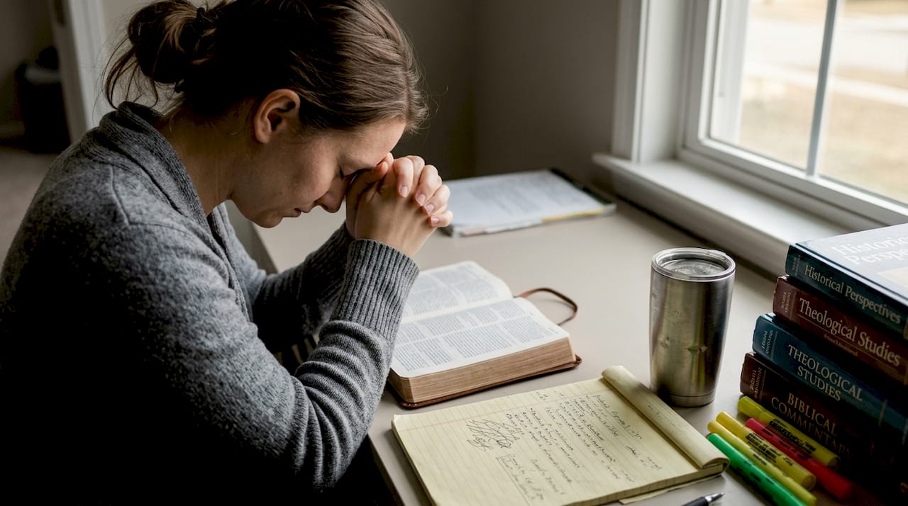Woman praying before Bible study at desk