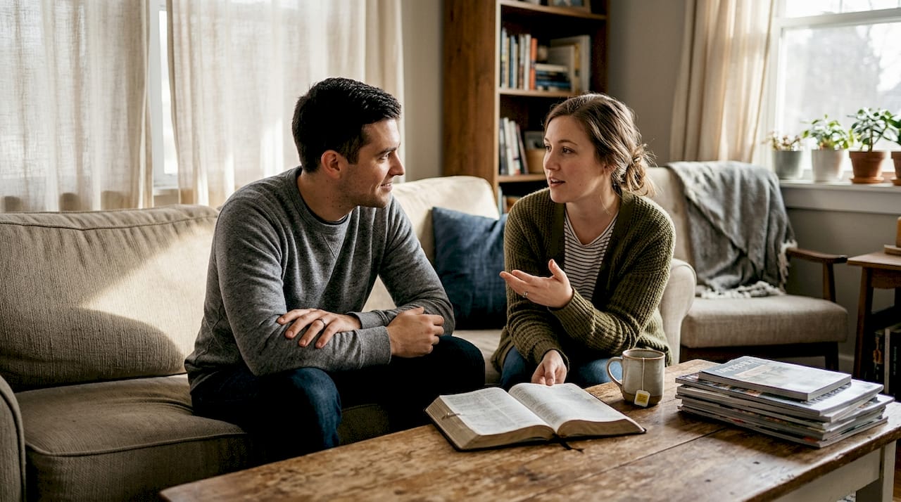 Couple discussing and listening in living room