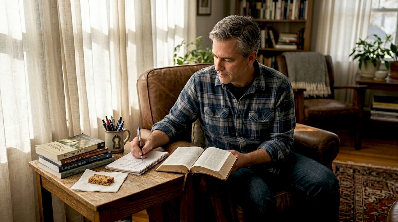 Man using Bible study checklist at home