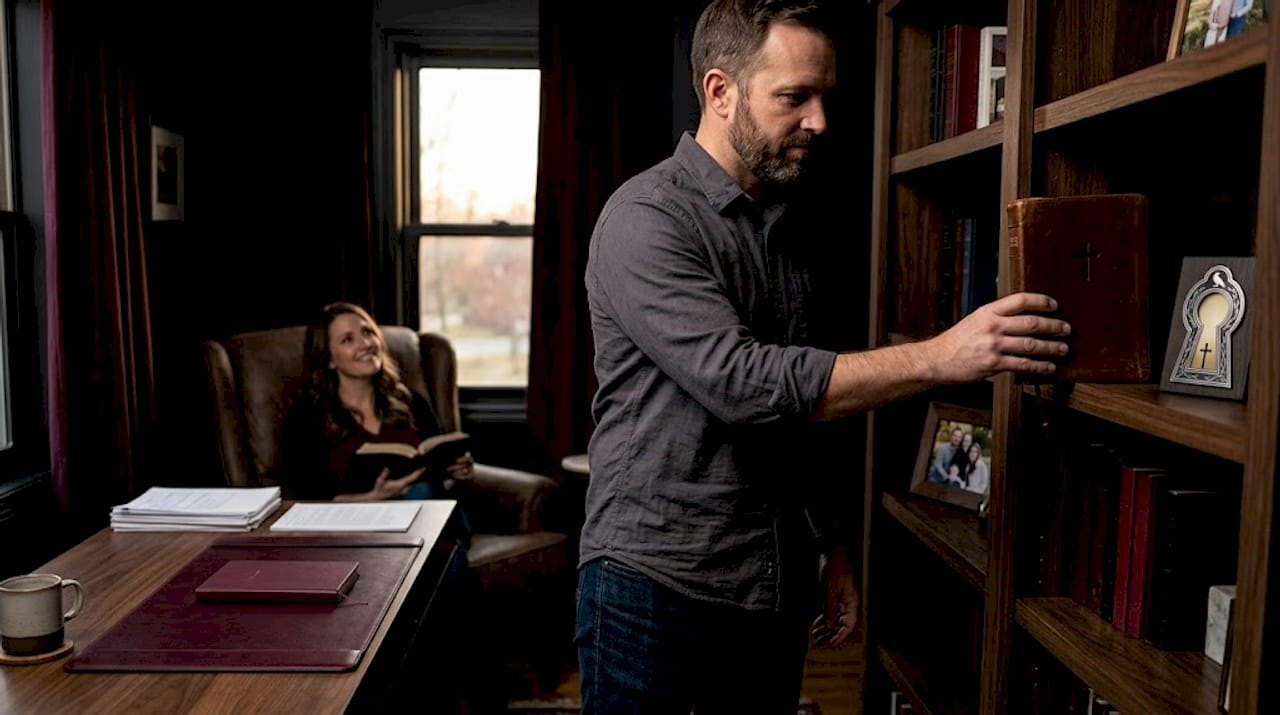 Husband referencing Bible in family living room