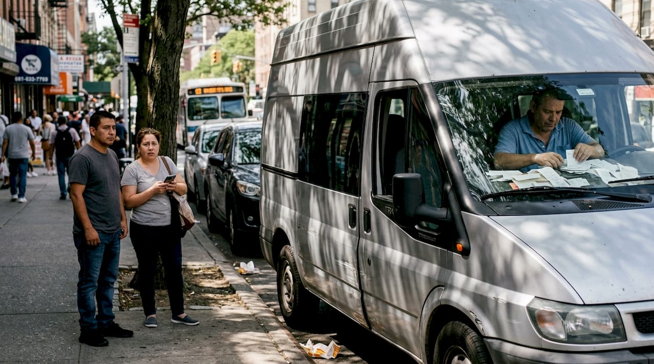 Uncertain passengers beside a worn event van