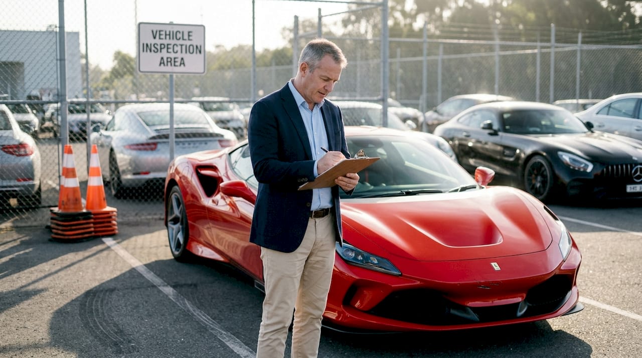 Man inspects Ferrari at luxury rental lot