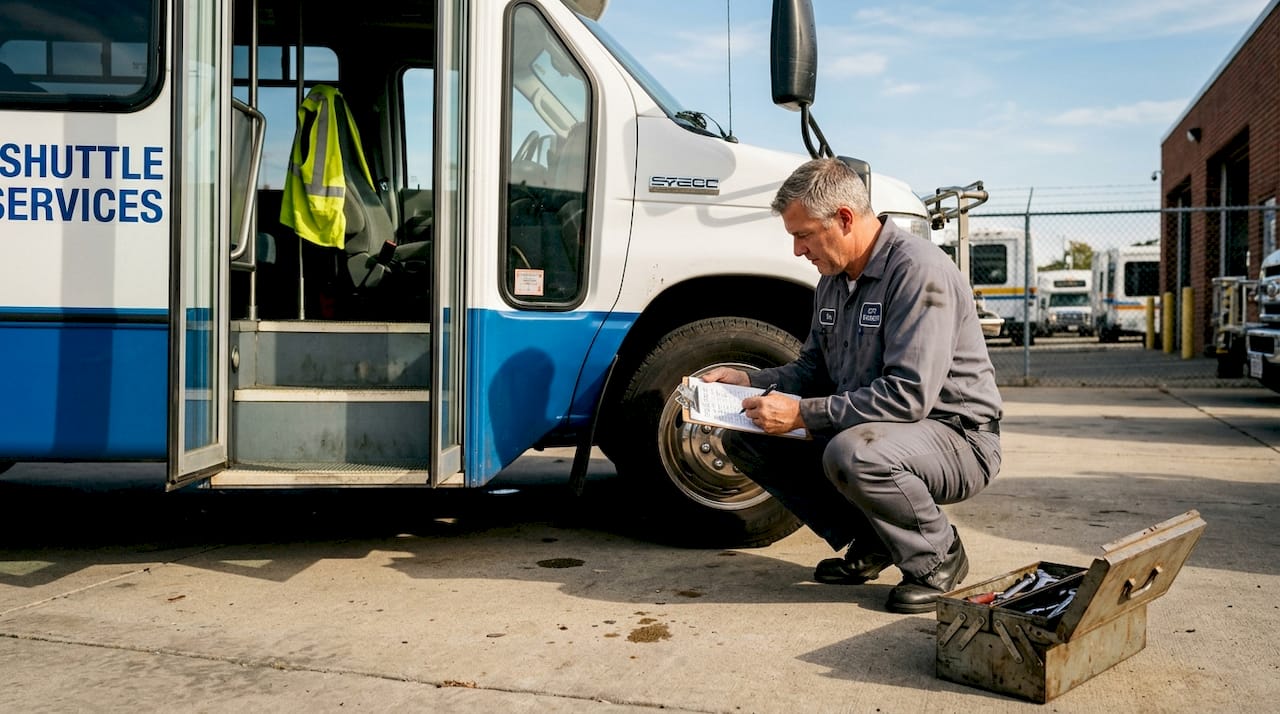 Mechanic inspecting bus safety in service lot