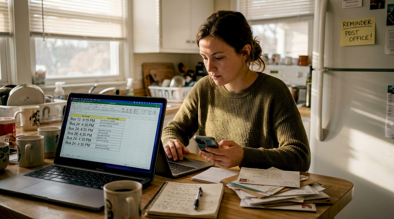 Coordinator tracks bus logistics at kitchen table