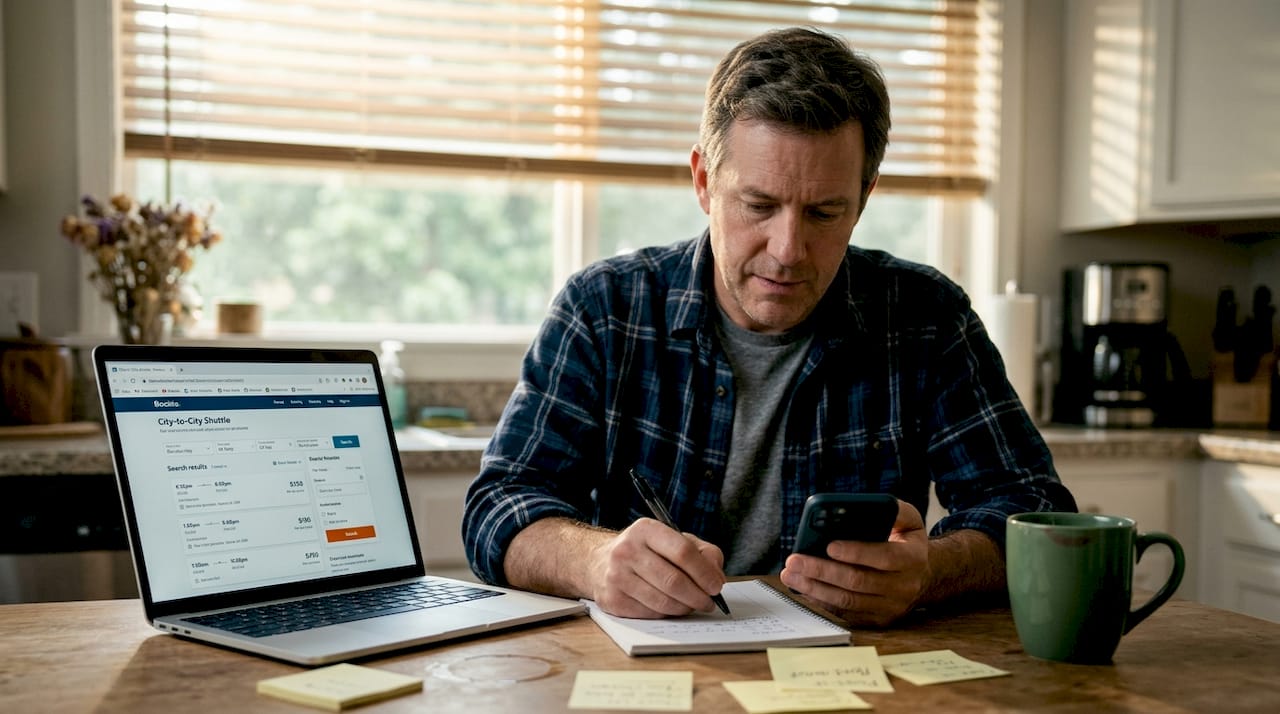Man booking shuttle using laptop and phone