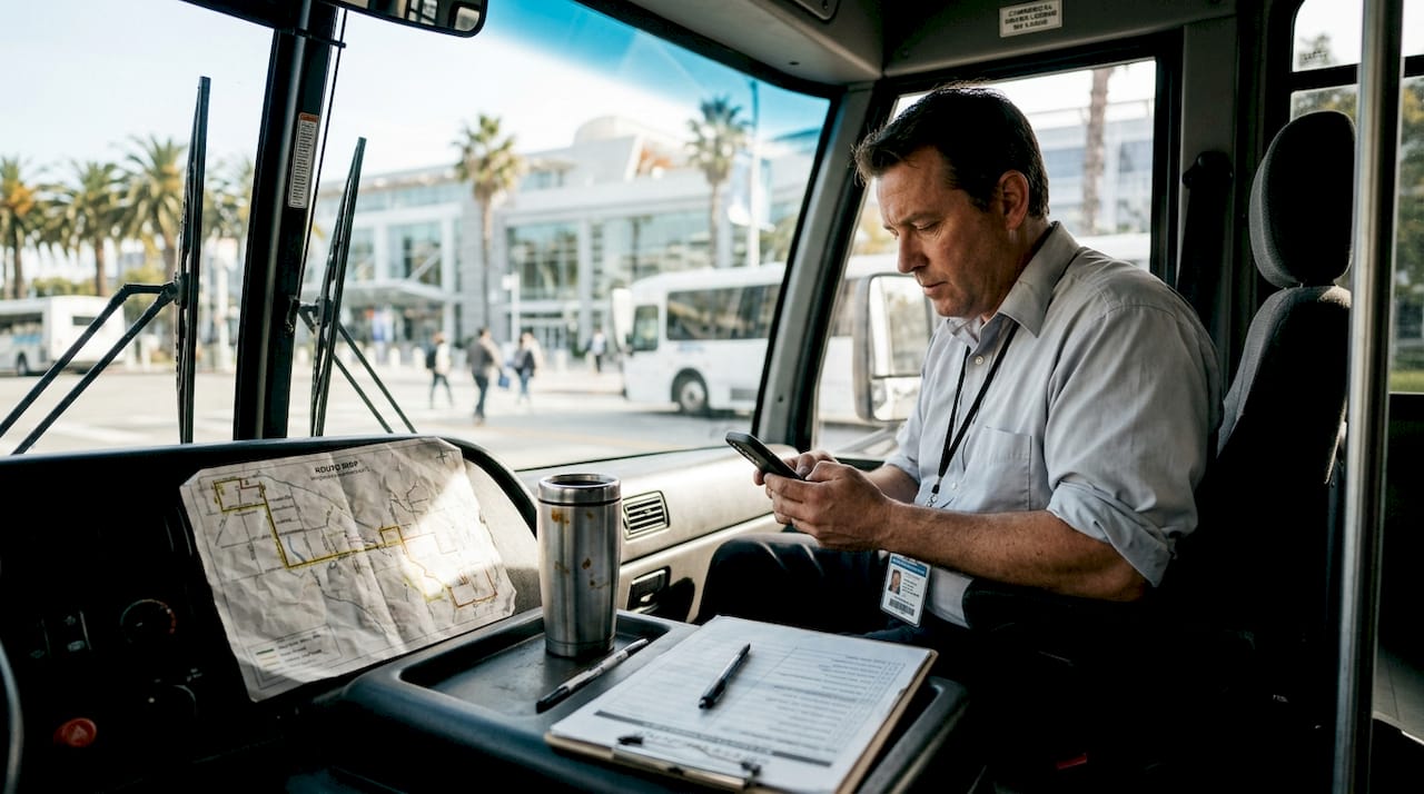 Driver checks compliance documents in bus