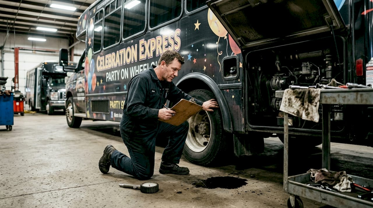 Mechanic inspecting party bus for annual safety