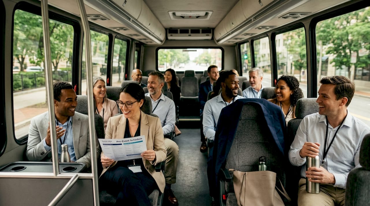 Guests chatting on shuttle before event