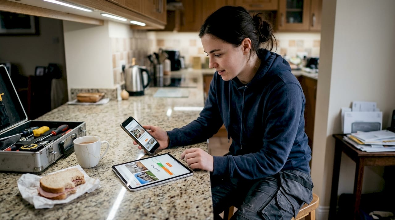 Tradesperson checks site speed on smartphone