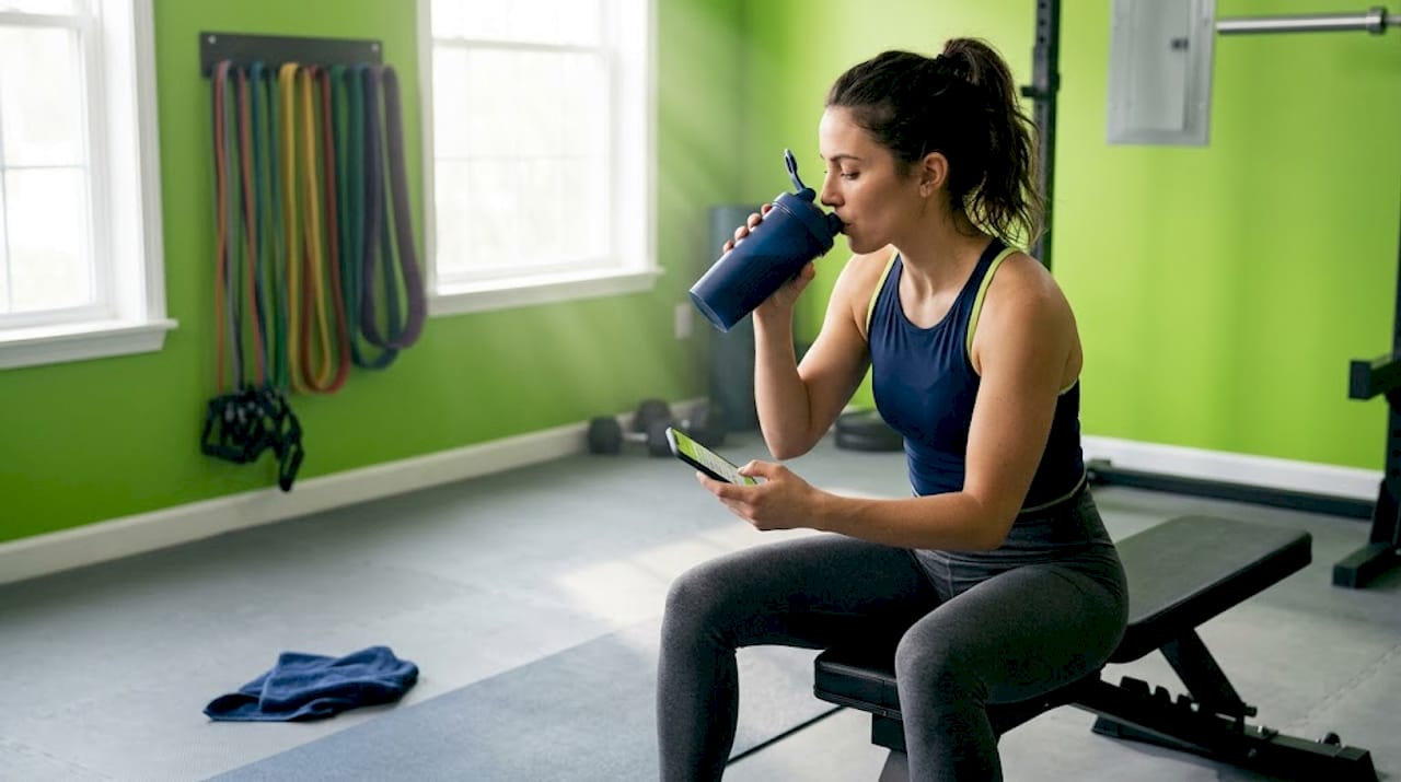 Woman drinking protein shake before workout